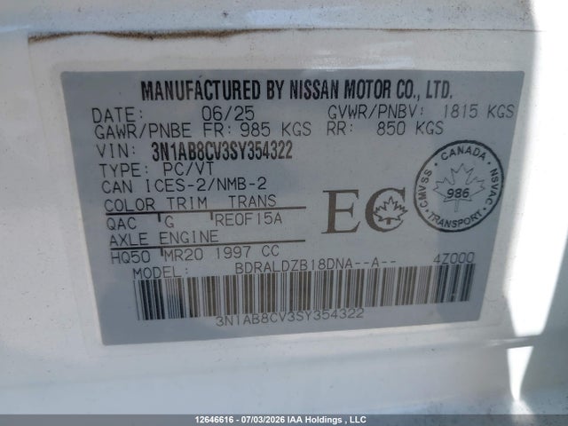 Продажа на аукционе авто 2025 Nissan Sentra Sv Cvt, vin: 3N1AB8CV3SY354322, номер лота: 12646616