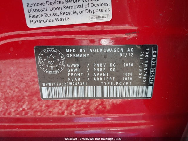 12646624 :رقم المزاد ، WVWPF7AJ2CW245381 vin ، 2012 Volkswagen Golf R مزاد بيع