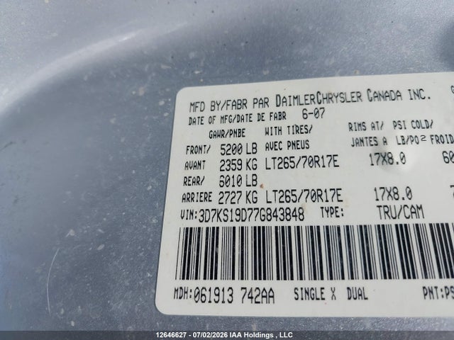 Продажа на аукционе авто 2007 Dodge Ram 1500, vin: 3D7KS19D77G843848, номер лота: 12646627
