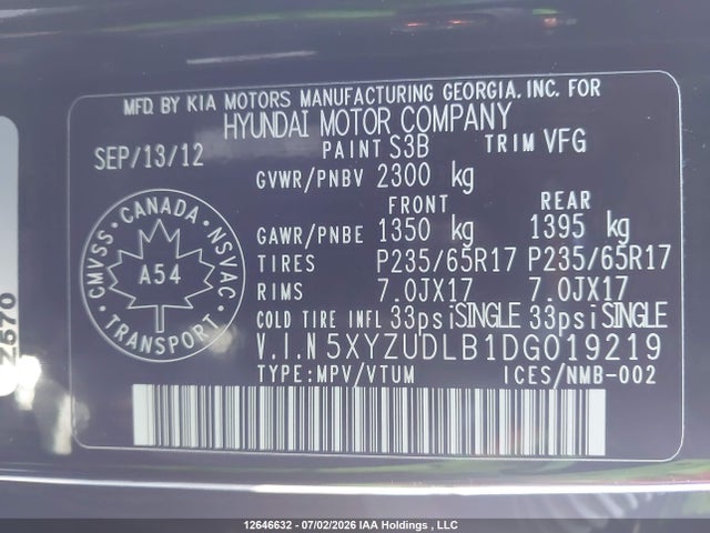 Продажа на аукционе авто 2013 Hyundai Santa Fe Sport, vin: 5XYZUDLB1DG019219, номер лота: 12646632