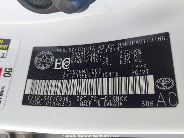 2014 Toyota Corolla L/le/le Pls/prm/s/s Pls მანქანა იყიდება აუქციონზე, vin: 2T1BURHE6EC115118, აუქციონის ნომერი: 12646635