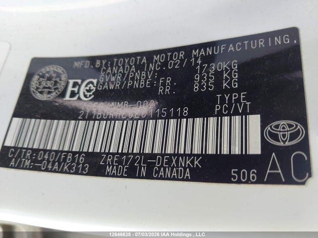 2014 Toyota Corolla L/le/le Pls/prm/s/s Pls მანქანა იყიდება აუქციონზე, vin: 2T1BURHE6EC115118, აუქციონის ნომერი: 12646635