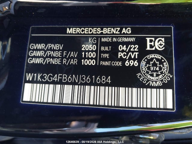 W1K3G4FB6NJ361684 Mercedes-Benz A 220 4matic