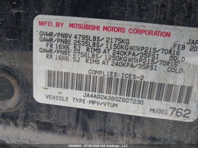 Aukcja sprzedaży 2016 Mitsubishi Outlander, vin: JA4AD2A38GZ607230, numer aukcji: 12646642
