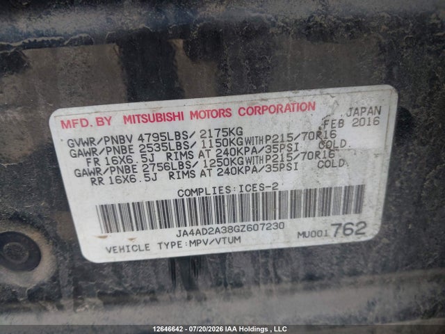 Aukcja sprzedaży 2016 Mitsubishi Outlander, vin: JA4AD2A38GZ607230, numer aukcji: 12646642