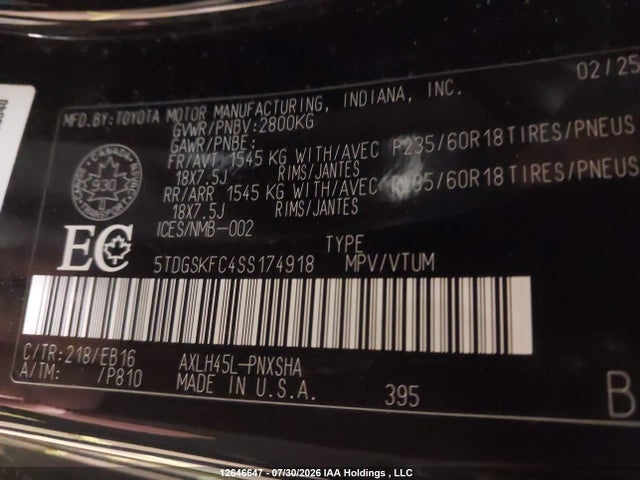 5TDGSKFC4SS174918 Toyota Sienna Le/xse/limited/platinum