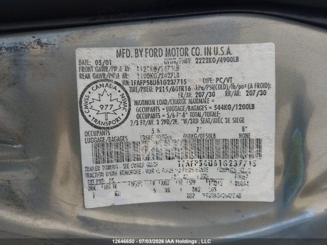 Продаж на аукціоні авто 2001 Ford Taurus Se, vin: 1FAFP58U61G237715, номер лоту: 12646650
