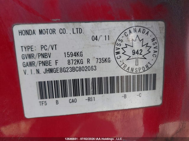 Продажа на аукционе авто 2011 Honda Fit, vin: JHMGE8G23BC802063, номер лота: 12646651