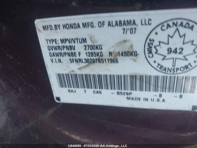 12646659 :رقم المزاد ، 5FNRL38297B511966 vin ، 2007 Honda Odyssey Lx مزاد بيع