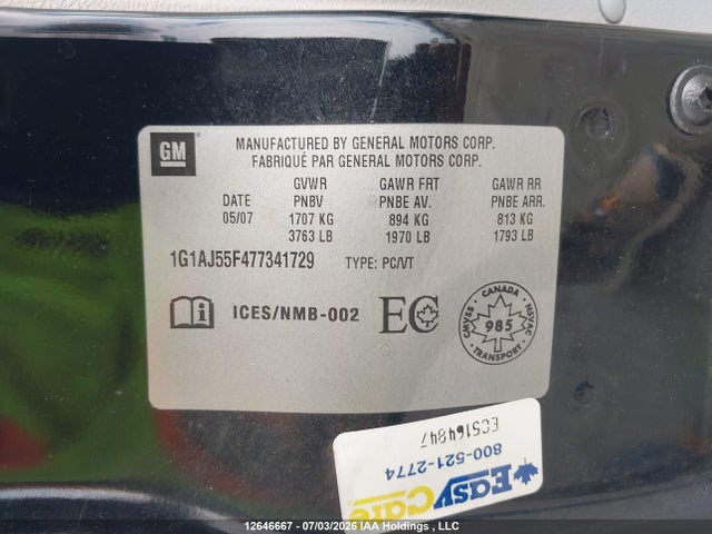 Aukcja sprzedaży 2007 Chevrolet Cobalt Ls, vin: 1G1AJ55F477341729, numer aukcji: 12646667
