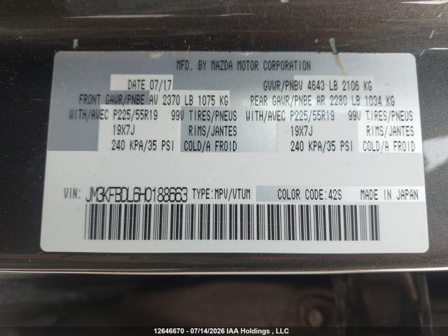 Продажа на аукционе авто 2017 Mazda Cx-5, vin: JM3KFBDL6H0188663, номер лота: 12646670