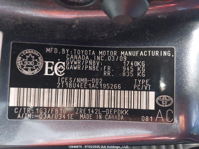 12646675 :رقم المزاد ، 2T1BU4EE1AC195266 vin ، 2010 Toyota Corolla مزاد بيع