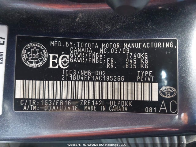 12646675 :رقم المزاد ، 2T1BU4EE1AC195266 vin ، 2010 Toyota Corolla مزاد بيع