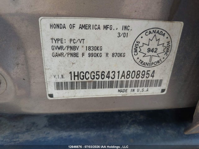 2001 Honda Accord Lx მანქანა იყიდება აუქციონზე, vin: 1HGCG56431A808954, აუქციონის ნომერი: 12646676