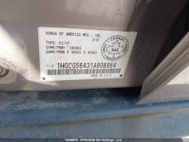 2001 Honda Accord Lx მანქანა იყიდება აუქციონზე, vin: 1HGCG56431A808954, აუქციონის ნომერი: 12646676