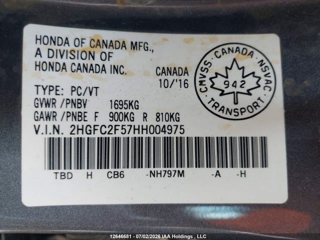 Продажа на аукционе авто 2017 Honda Civic Lx, vin: 2HGFC2F57HH004975, номер лота: 12646681