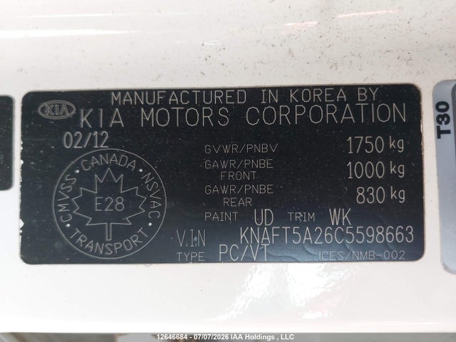 12646684 :رقم المزاد ، KNAFT5A26C5598663 vin ، 2012 Kia Forte5 2.0l Lx مزاد بيع