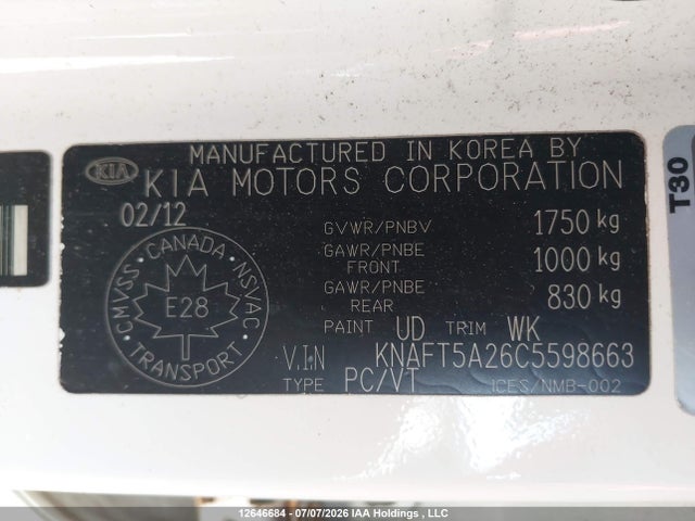 12646684 :رقم المزاد ، KNAFT5A26C5598663 vin ، 2012 Kia Forte5 2.0l Lx مزاد بيع