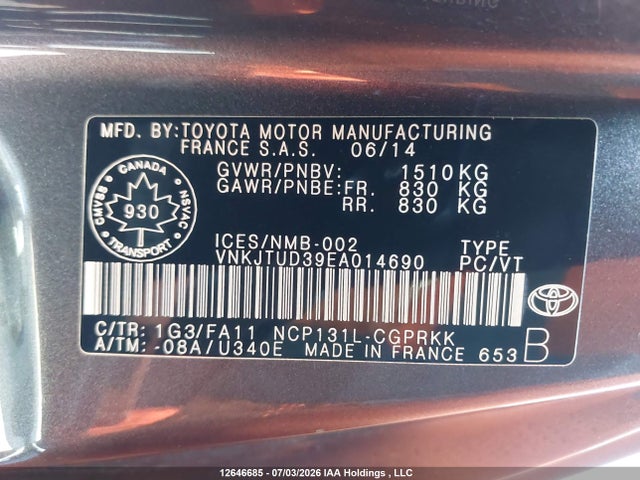 2014 Toyota Yaris Ce მანქანა იყიდება აუქციონზე, vin: VNKJTUD39EA014690, აუქციონის ნომერი: 12646685