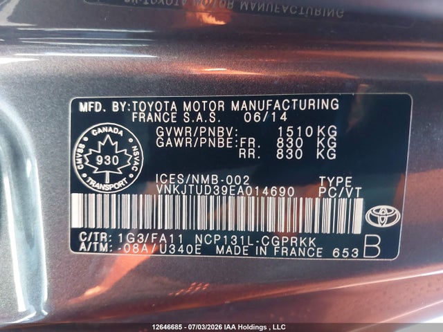 2014 Toyota Yaris Ce მანქანა იყიდება აუქციონზე, vin: VNKJTUD39EA014690, აუქციონის ნომერი: 12646685