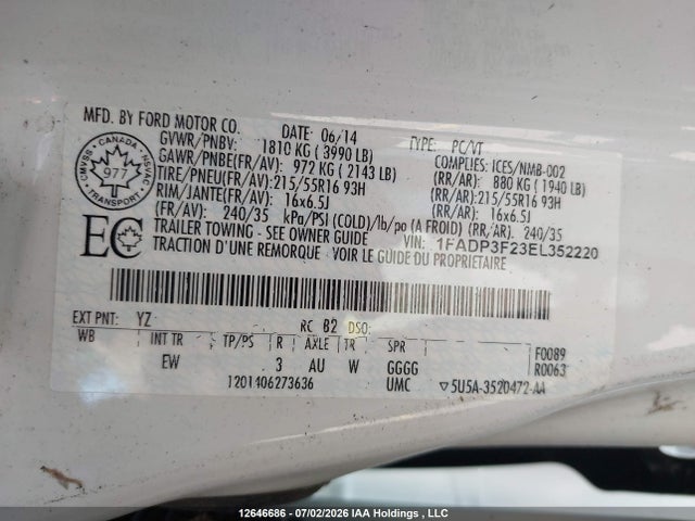 2014 Ford Focus Se მანქანა იყიდება აუქციონზე, vin: 1FADP3F23EL352220, აუქციონის ნომერი: 12646686