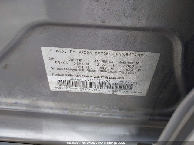 12646694 :رقم المزاد ، JM1BK143361424756 vin ، 2006 Mazda Mazda3 Hatchback مزاد بيع