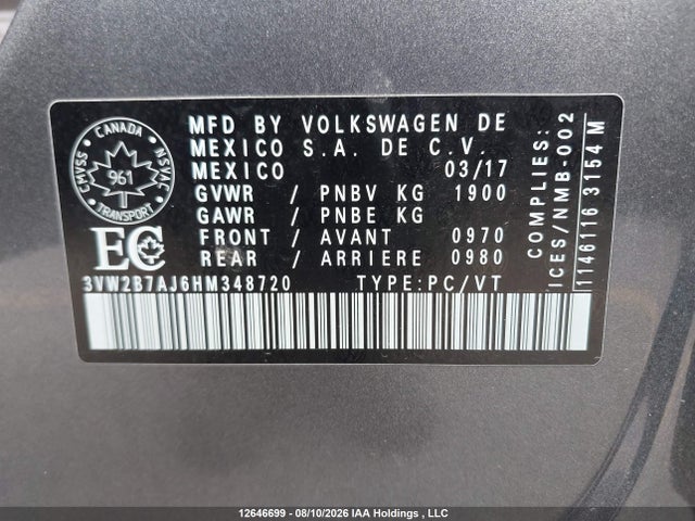 Aukcja sprzedaży 2017 Volkswagen Jetta 1.4 Tsi Trendline+, vin: 3VW2B7AJ6HM348720, numer aukcji: 12646699
