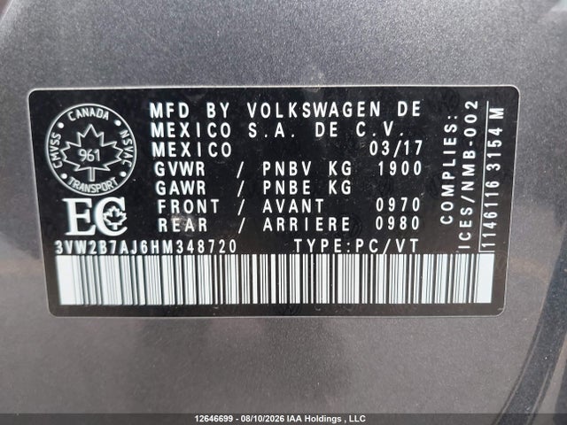 2017 Volkswagen Jetta 1.4 Tsi Trendline+ მანქანა იყიდება აუქციონზე, vin: 3VW2B7AJ6HM348720, აუქციონის ნომერი: 12646699