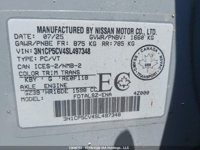 3N1CP5CV4SL497348 Nissan Kicks Play Sv Cvt