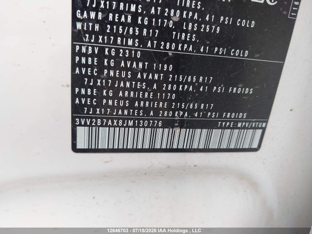 Aukcja sprzedaży 2018 Volkswagen Tiguan Comfortline, vin: 3VV2B7AX8JM130776, numer aukcji: 12646703