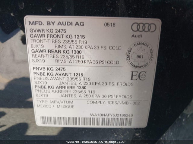 2018 Audi Q5 2.0t Progressiv მანქანა იყიდება აუქციონზე, vin: WA1BNAFY5J2195249, აუქციონის ნომერი: 12646704