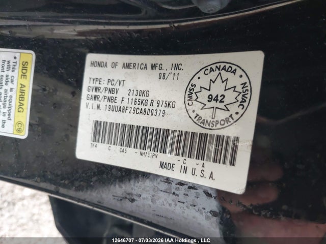 2012 Acura Tl მანქანა იყიდება აუქციონზე, vin: 19UUA8F29CA800379, აუქციონის ნომერი: 12646707