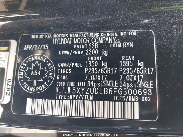 12646710 :رقم المزاد ، 5XYZUDLB6FG300693 vin ، 2015 Hyundai Santa Fe Sport 2.4 Premium مزاد بيع