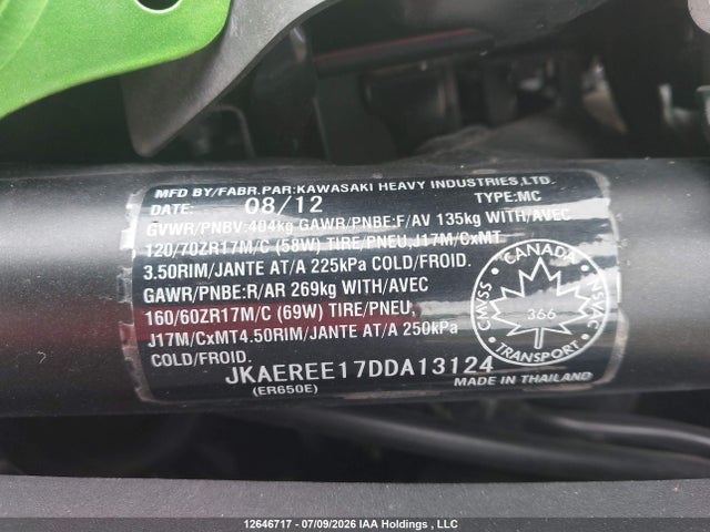 Продаж на аукціоні авто 2013 Kawasaki Er650 E, vin: JKAEREE17DDA13124, номер лоту: 12646717