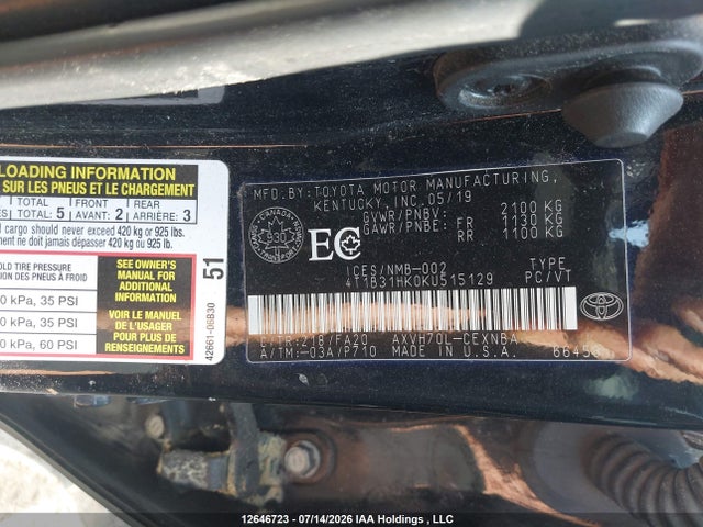2019 Toyota Camry Hybrid Le მანქანა იყიდება აუქციონზე, vin: 4T1B31HK0KU515129, აუქციონის ნომერი: 12646723