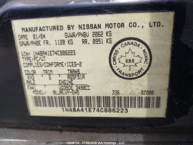 2004 Nissan Maxima მანქანა იყიდება აუქციონზე, vin: 1N4BA41E74C886223, აუქციონის ნომერი: 12646724