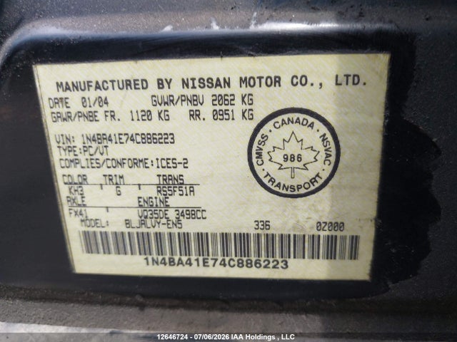 2004 Nissan Maxima მანქანა იყიდება აუქციონზე, vin: 1N4BA41E74C886223, აუქციონის ნომერი: 12646724