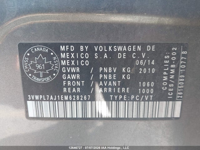 Продажа на аукционе авто 2014 Volkswagen Jetta, vin: 3VWPL7AJ1EM628267, номер лота: 12646727