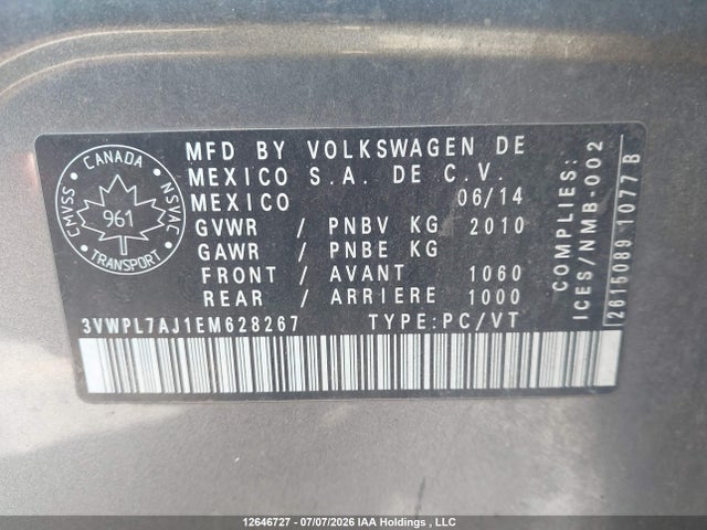 Продажа на аукционе авто 2014 Volkswagen Jetta, vin: 3VWPL7AJ1EM628267, номер лота: 12646727