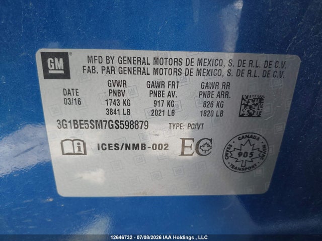 12646732 :رقم المزاد ، 3G1BE5SM7GS598879 vin ، 2016 Chevrolet Cruze Lt Auto مزاد بيع
