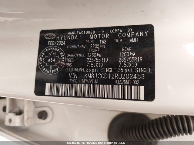 2024 Hyundai Tucson Luxury Awd მანქანა იყიდება აუქციონზე, vin: KM8JCCD12RU202453, აუქციონის ნომერი: 12646745