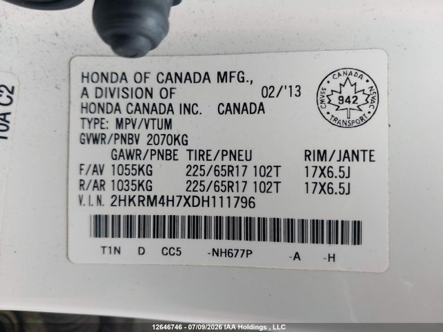 2013 Honda Cr-v მანქანა იყიდება აუქციონზე, vin: 2HKRM4H7XDH111796, აუქციონის ნომერი: 12646746
