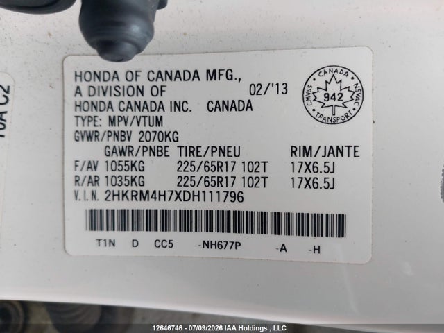 2013 Honda Cr-v მანქანა იყიდება აუქციონზე, vin: 2HKRM4H7XDH111796, აუქციონის ნომერი: 12646746