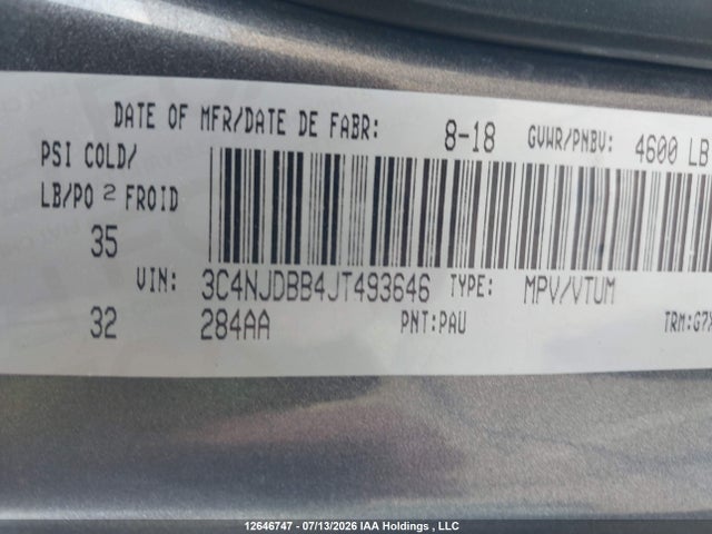 12646747 :رقم المزاد ، 3C4NJDBB4JT493646 vin ، 2018 Jeep Compass North مزاد بيع