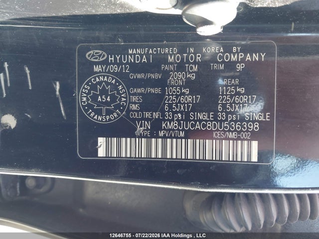 2013 Hyundai Tucson Gls/limited მანქანა იყიდება აუქციონზე, vin: KM8JUCAC8DU536398, აუქციონის ნომერი: 12646755