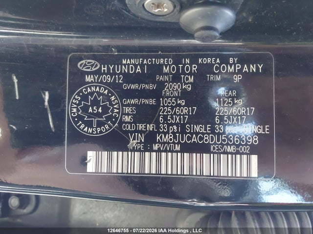 2013 Hyundai Tucson Gls/limited მანქანა იყიდება აუქციონზე, vin: KM8JUCAC8DU536398, აუქციონის ნომერი: 12646755