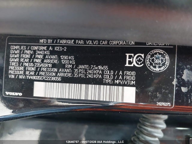 Aukcja sprzedaży 2012 Volvo Xc60 T6 T6, vin: YV4902DZ7C2238056, numer aukcji: 12646757