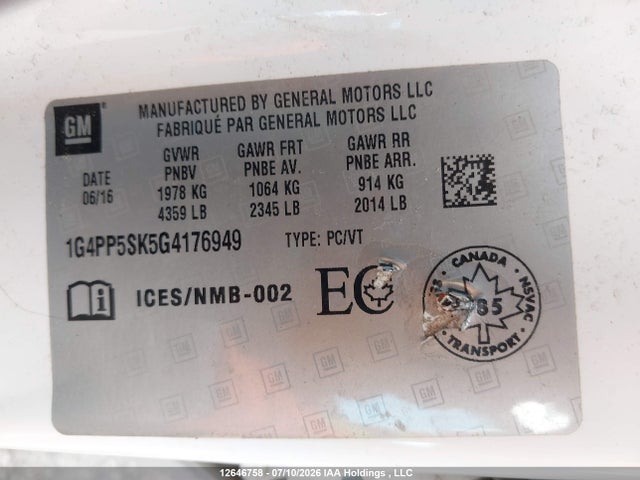 Aukcja sprzedaży 2016 Buick Verano, vin: 1G4PP5SK5G4176949, numer aukcji: 12646758