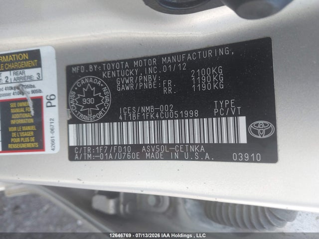Продаж на аукціоні авто 2012 Toyota Camry Le, vin: 4T1BF1FK4CU051998, номер лоту: 12646769