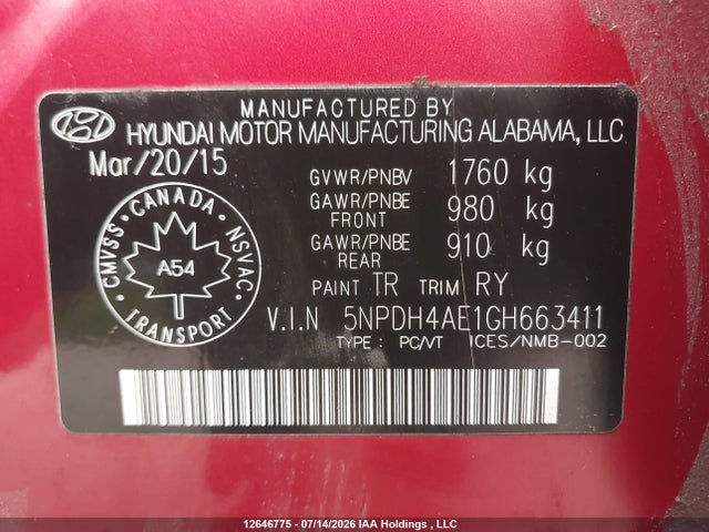 Продаж на аукціоні авто 2016 Hyundai Elantra Se/sport/limited, vin: 5NPDH4AE1GH663411, номер лоту: 12646775